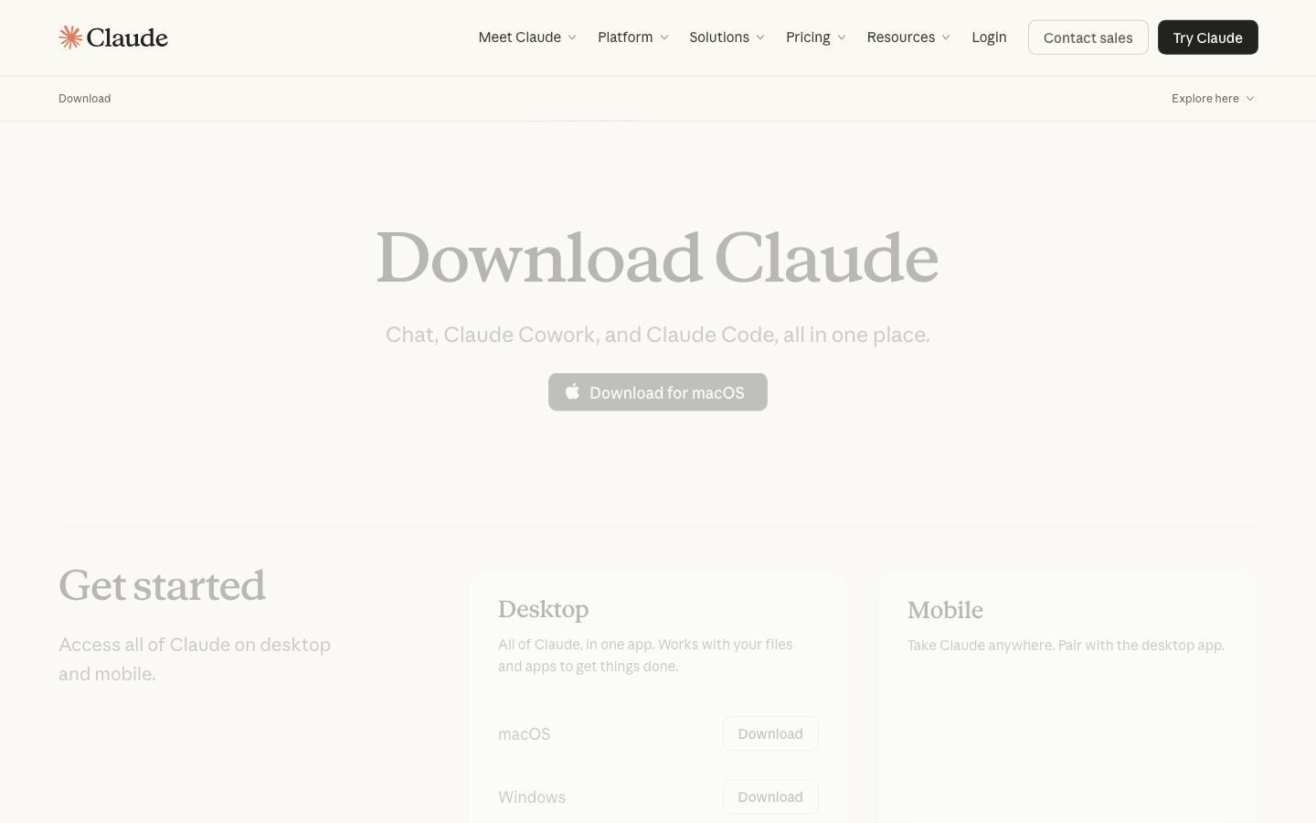 La page de téléchargement de Claude pour ordinateur et mobile