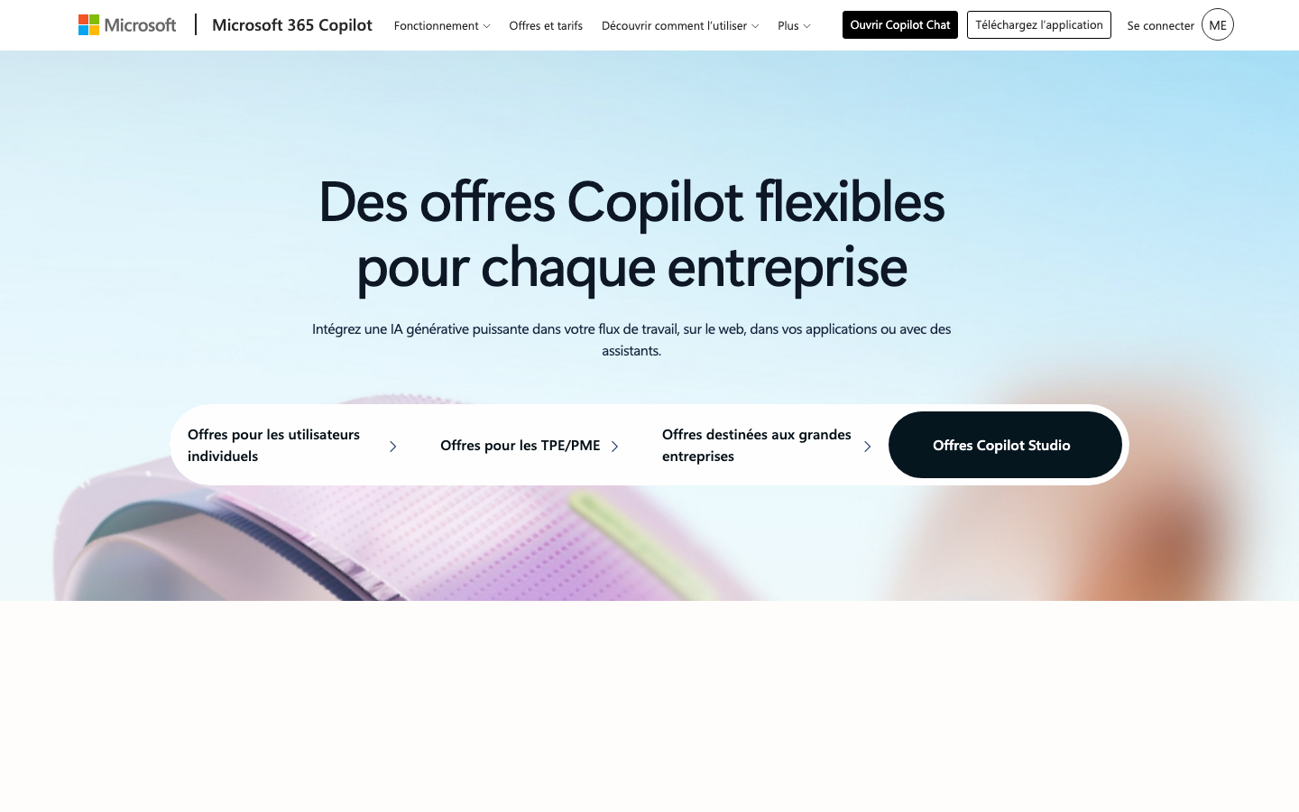 La page des offres Microsoft Copilot, avec l’onglet dédié aux offres Copilot Studio et aux TPE/PME